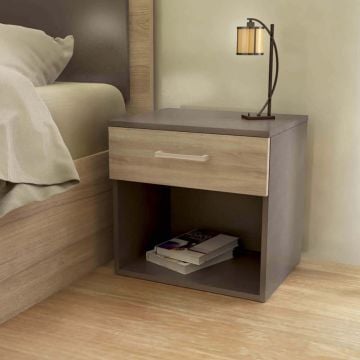 Comodino con un cassetto ed un vano a vista inferiore 44,5x35x43,5h cm di colore Grigio e Olmo mod. Nightstand